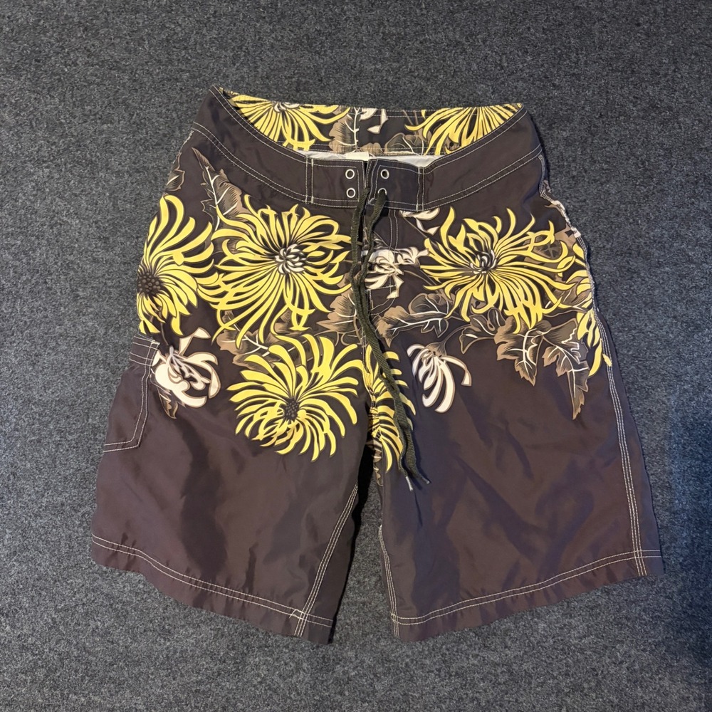 Vintage Stussy Board Shorts Brown Yellow Floral Swim Trunks Mens 32